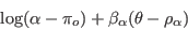\begin{displaymath}
\log(\alpha - \pi_o) +
\beta_\alpha(\theta-\rho_\alpha)
\end{displaymath}